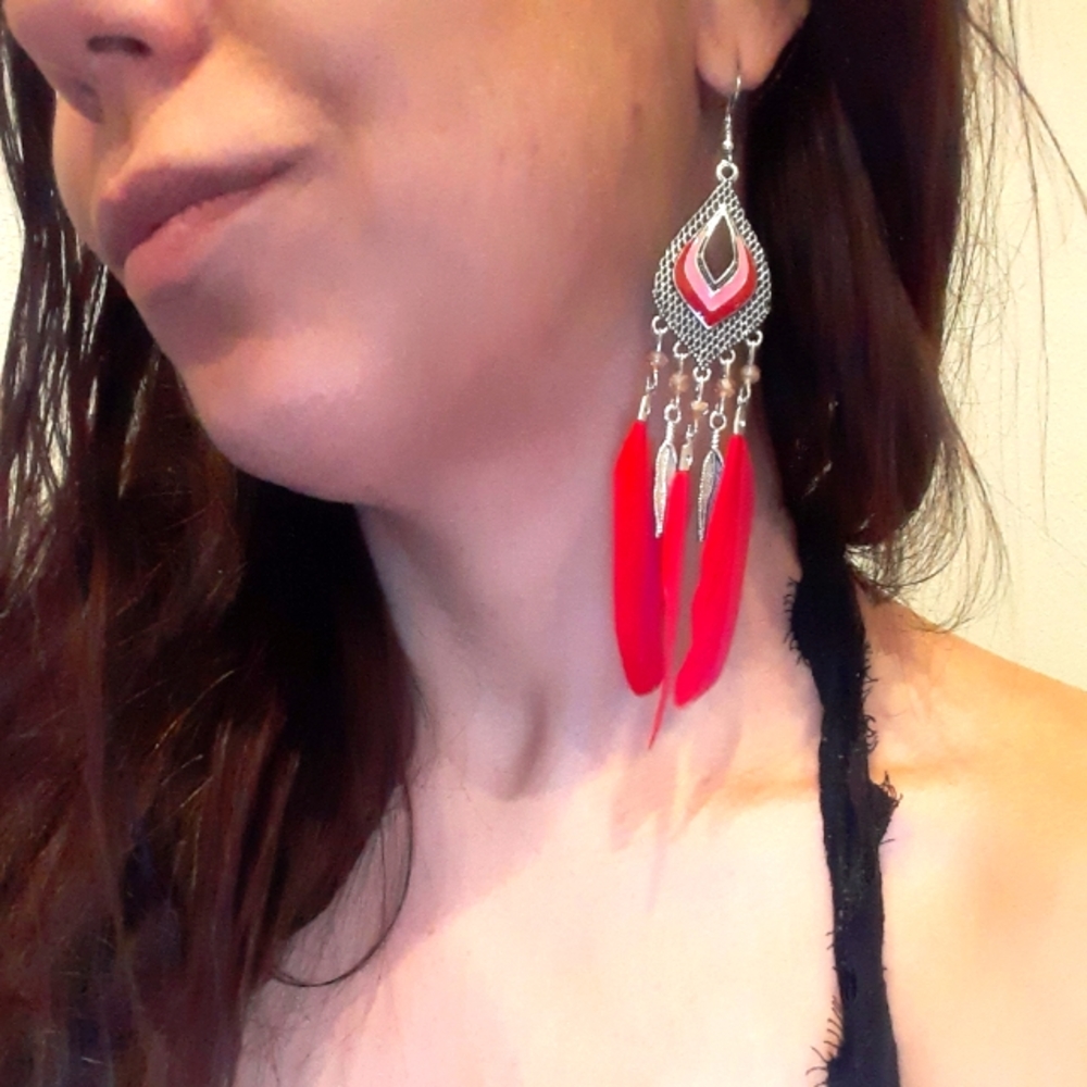 Earrings Vintage feather long tassel/ Native American  style. Red